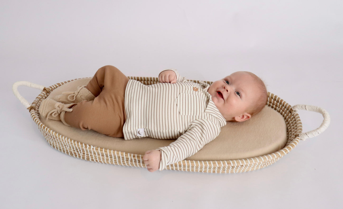 Longsleeve polo rib streepjes Taupe
